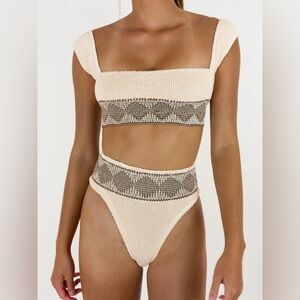 Elysiian overlay boho bikini top and bottom set in sand one size